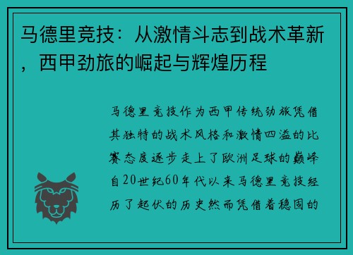 马德里竞技：从激情斗志到战术革新，西甲劲旅的崛起与辉煌历程